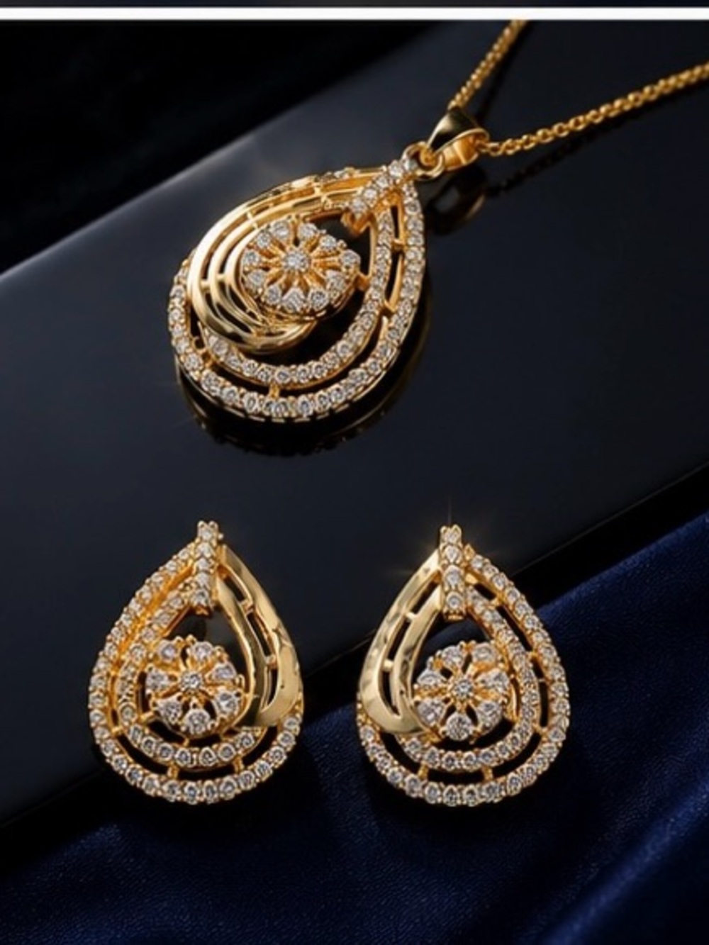 Gold Teardrop Floral Crystal Necklace and Earring Set